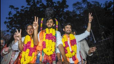 Newly elected DUSU president Aryan Maan, vice-president Rahul Jhansla and secretary Kunal Choudhary. (RAJ K RAJ /HT PHOTO) Newly elected DUSU president Aryan Maan, vice-president Rahul Jhansla and secretary Kunal Choudhary. (RAJ K RAJ /HT PHOTO)