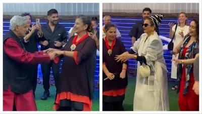 For the birthday party, Shabana Azmi was seen in a maroon ensemble with vibrant red borders. For the birthday party, Shabana Azmi was seen in a maroon ensemble with vibrant red borders.