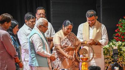 Union Minister of Housing and Urban Affairs Manohar Lal Khattar with Delhi Chief Minister Rekha Gupta and PWD Minister Parvesh Verma during the launch of Delhi Drainage Master Plan at NDMC Convention Center in New Delhi on Friday. (Sanchit Khanna/HT PHOTO)