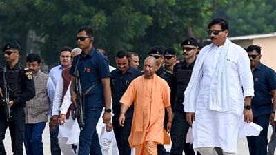 Uttar Pradesh chief minister Yogi Adityanath arrives to inspect preparations for the Uttar Pradesh International Trade Show. (Sunil Ghosh/HT) Uttar Pradesh chief minister Yogi Adityanath arrives to inspect preparations for the Uttar Pradesh International Trade Show. (Sunil Ghosh/HT)