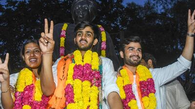 Winning members of ABVP during the celebration on Friday. (RAJ K RAJ /HT PHOTO) Winning members of ABVP during the celebration on Friday. (RAJ K RAJ /HT PHOTO)