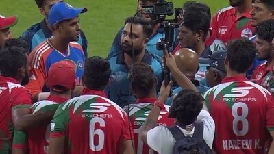 Suryakumar Yadav had a chat with Oman players after the match. (X Image) Suryakumar Yadav had a chat with Oman players after the match. (X Image)