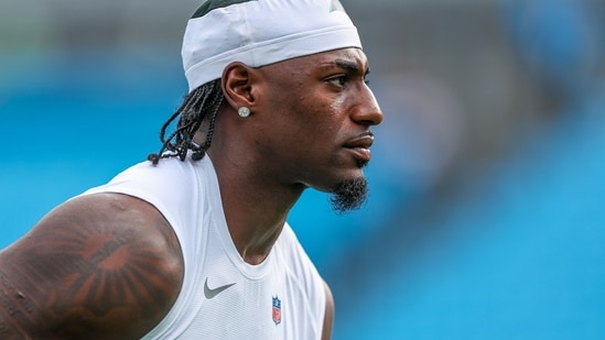 Xavier Legette of the Carolina Panthers warms up before an NFL Preseason 2025 game. (Getty Images via AFP)