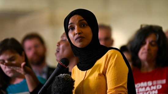 Rep. Ilhan Omar (D-MN) (C) speaks during a press conference at City Hall following a mass shooting at Annunciation Catholic School (Getty Images via AFP)