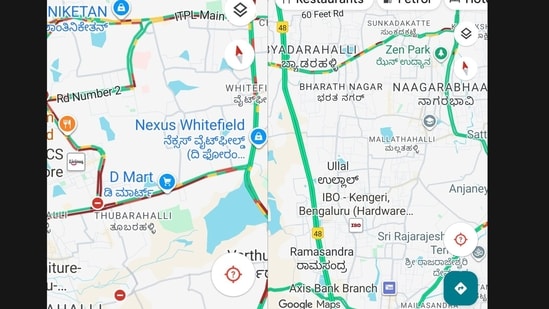 Screenshots from Google Maps that starkly contrasted Bengaluru east and west. (X/@BLR_Stories)