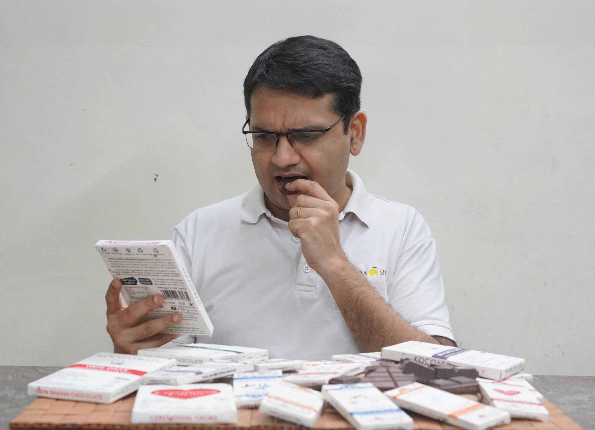 Chocolate taster L Nitin Chordia judges how a bar looks and smells and how long its taste lingers. Chocolate taster L Nitin Chordia judges how a bar looks and smells and how long its taste lingers.