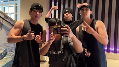 BTS members V, Jungkook and RM pose inside a gym in Los Angeles. BTS members V, Jungkook and RM pose inside a gym in Los Angeles.