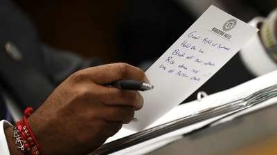 Critics mocked Kash Patel's note's content, which included motivational phrases related to his congressional hearing with Eric Swalwell, highlighting FBI boss' controversial remarks during the session. Critics mocked Kash Patel's note's content, which included motivational phrases related to his congressional hearing with Eric Swalwell, highlighting FBI boss' controversial remarks during the session.