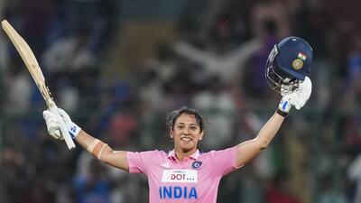 Smriti Mandhana celebrates her century against Australia on Saturday. (PTI) Smriti Mandhana celebrates her century against Australia on Saturday. (PTI)