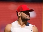 San Francisco 49ers defensive end Nick Bosa warms up prior to an NFL football game against the Arizona Cardinals, Sunday, Sept. 21, 2025, in Santa Clara.