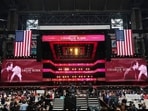 The stage is seen before the start of a memorial for conservative activist Charlie Kirk, Sunday, Sept. 21, 2025, at State Farm Stadium in Glendale, Ariz. (AP Photo/Ross D. Franklin)