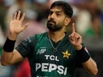 Pakistan's Haris Rauf gestures towards spectators during the Asia Cup