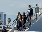 Vice President JD Vance, his wife Usha Vance and wife of slain conservative activist Charlie Kirk, Erika Frantzve, exit Air Force Two