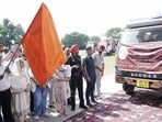 Punjab governor Gulab Chand Kataria flagging off truckloads of relief material for flood-affected families from Baba Mohan Dass Ashram in Jalandhar on Saturday. (Sourced) Punjab governor Gulab Chand Kataria flagging off truckloads of relief material for flood-affected families from Baba Mohan Dass Ashram in Jalandhar on Saturday. (Sourced)
