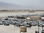 Parked vehicles are seen in Bagram US air base, after American troops vacated it, in Parwan province, Afghanistan.