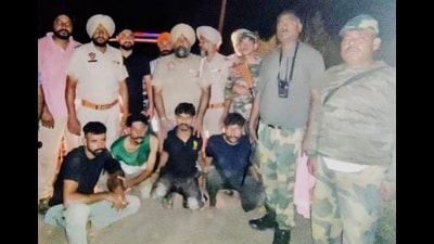 A joint team of the Punjab Police and Border Security Force (BSF) on Sunday nabbed four drug smugglers at Thetharke village in Gurdaspur and recovered 10kg of heroin from their possession. A joint team of the Punjab Police and Border Security Force (BSF) on Sunday nabbed four drug smugglers at Thetharke village in Gurdaspur and recovered 10kg of heroin from their possession.