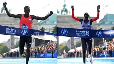 In the 2025 Berlin Marathon, Sabastian Sawe of Kenya takes the men's title with a time of 2:02:16. Rosemary Wanjiru wins the women's race at 2:21:05. (Photo by Tobias SCHWARZ / AFP) (AFP) In the 2025 Berlin Marathon, Sabastian Sawe of Kenya takes the men's title with a time of 2:02:16. Rosemary Wanjiru wins the women's race at 2:21:05. (Photo by Tobias SCHWARZ / AFP) (AFP)