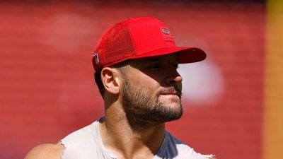 San Francisco 49ers defensive end Nick Bosa warms up prior to an NFL football game against the Arizona Cardinals, Sunday, Sept. 21, 2025, in Santa Clara. (AP) San Francisco 49ers defensive end Nick Bosa warms up prior to an NFL football game against the Arizona Cardinals, Sunday, Sept. 21, 2025, in Santa Clara. (AP)