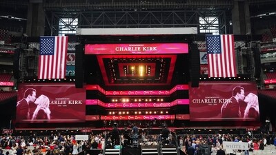 The stage is seen before the start of a memorial for conservative activist Charlie Kirk, Sunday, Sept. 21, 2025, at State Farm Stadium in Glendale, Ariz. (AP Photo/Ross D. Franklin) (AP) The stage is seen before the start of a memorial for conservative activist Charlie Kirk, Sunday, Sept. 21, 2025, at State Farm Stadium in Glendale, Ariz. (AP Photo/Ross D. Franklin) (AP)