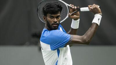 Dhakshineswar Suresh during India’s Davis Cup match against Switzerland. (AP) Dhakshineswar Suresh during India’s Davis Cup match against Switzerland. (AP)