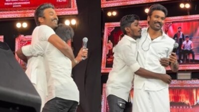 A fan of Dhanush's broke through security and continued to hug him tight despite being pulled away. (Instagram: Wikkitalks) A fan of Dhanush's broke through security and continued to hug him tight despite being pulled away. (Instagram: Wikkitalks)