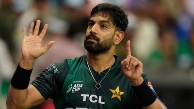 Pakistan's Haris Rauf gestures towards spectators during the Asia Cup (AP) Pakistan's Haris Rauf gestures towards spectators during the Asia Cup (AP)