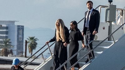 Vice President JD Vance, his wife Usha Vance and wife of slain conservative activist Charlie Kirk, Erika Frantzve, exit Air Force Two (REUTERS)