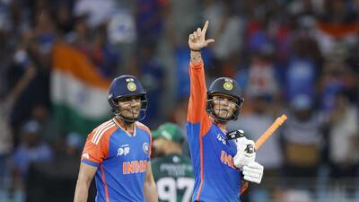 India's Abhishek Sharma (right) celebrates his half century against Pakistan at the Asia Cup in Dubai, UAE. (Creimas/Asian Cricket Council) India's Abhishek Sharma (right) celebrates his half century against Pakistan at the Asia Cup in Dubai, UAE. (Creimas/Asian Cricket Council)