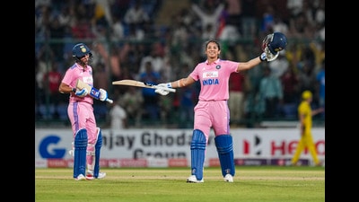 India's Smriti Mandhana scored a 50-ball century against Australia -- the fastest by an Indian in ODIs on Sunday. (PTI) India's Smriti Mandhana scored a 50-ball century against Australia -- the fastest by an Indian in ODIs on Sunday. (PTI)