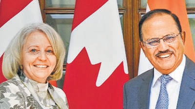 NSA Ajit Doval with his Canadian counterpart Nathalie G Drouin in New Delhi on Thursday. (PTI) NSA Ajit Doval with his Canadian counterpart Nathalie G Drouin in New Delhi on Thursday. (PTI)