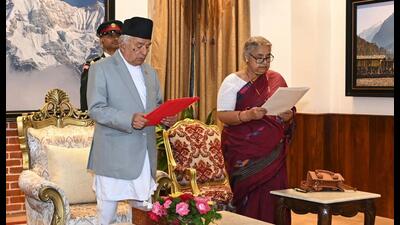 Nepalese President Ram Chandra Poudel administering the oath of office to interim Prime Minister Sushila Karki. (AP) Nepalese President Ram Chandra Poudel administering the oath of office to interim Prime Minister Sushila Karki. (AP)