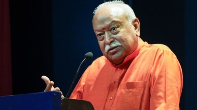 Rashtriya Swayamsevak Sangh (RSS) chief Mohan Bhagwat speaks at the launch of the book 'Everything All At Once: India and the Six Simultaneous Global Transitions', in New Delhi. (PTI) Rashtriya Swayamsevak Sangh (RSS) chief Mohan Bhagwat speaks at the launch of the book 'Everything All At Once: India and the Six Simultaneous Global Transitions', in New Delhi. (PTI)