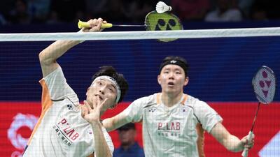 South Korea’s Kim Won-ho (L) and Seo Seung-jae during their men’s doubles final against India’s Satwiksairaj Rankireddy and Chirag Shetty at the China Masters. (AFP) South Korea’s Kim Won-ho (L) and Seo Seung-jae during their men’s doubles final against India’s Satwiksairaj Rankireddy and Chirag Shetty at the China Masters. (AFP)
