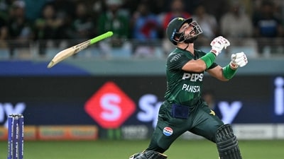 Sahibzada Farhan's innings came to an end as he lost his shape, his bat, and his wicket in one go, falling to Shivam Dube. (AFP) Sahibzada Farhan's innings came to an end as he lost his shape, his bat, and his wicket in one go, falling to Shivam Dube. (AFP)