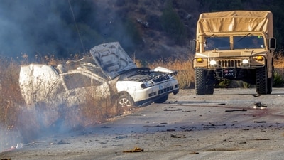 A Lebanese army humvee vehicle is pictured at the site of an Israeli strike on a vehicle on the Khardali road in south Lebanon. (AFP)