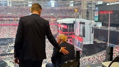 Donald Trump and his son Eric at Charlie Kirk's funeral service on Sunday (X/Margo Martin) Donald Trump and his son Eric at Charlie Kirk's funeral service on Sunday (X/Margo Martin)