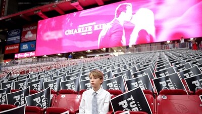 A young attendee sits in the stands ahead of the memorial service for political activist Charlie Kirk at State Farm Stadium on September 21, 2025 in Glendale, Arizona. (Getty Images via AFP) A young attendee sits in the stands ahead of the memorial service for political activist Charlie Kirk at State Farm Stadium on September 21, 2025 in Glendale, Arizona. (Getty Images via AFP)