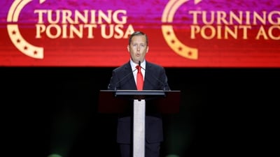 White House Presidential Personnel Office Director Sergio Gor speaks during a memorial service for slain conservative commentator Charlie Kirk at State Farm Stadium, Arizona, U.S., (REUTERS)