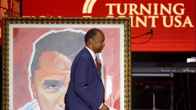 Vice Chair of the Religious Liberty Commission Dr. Ben Carson walks onstage to speak during a memorial service for slain conservative commentator Charlie Kirk at State Farm Stadium, Arizona, U.S., September 21, 2025. (REUTERS)