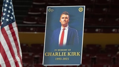 A portrait of Turning Point USA founder Charlie Kirk during a vigil at Desert Financial Arena on the campus of Arizona State University (ASU) in Tempe, Arizona, US, on Monday, Sept. 15, 2025. (Bloomberg) A portrait of Turning Point USA founder Charlie Kirk during a vigil at Desert Financial Arena on the campus of Arizona State University (ASU) in Tempe, Arizona, US, on Monday, Sept. 15, 2025. (Bloomberg)