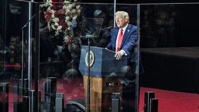 U.S. President Donald Trump speaks onstage during a memorial service for slain conservative commentator Charlie Kirk at State Farm Stadium, in Glendale, Arizona, U.S., (REUTERS)