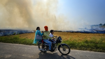 Commuters were seen riding in smoke a two-wheeler from stubble burning in a paddy field on the outskirts of Amritsar on Saturday, September 20. (PTI) Commuters were seen riding in smoke a two-wheeler from stubble burning in a paddy field on the outskirts of Amritsar on Saturday, September 20. (PTI)