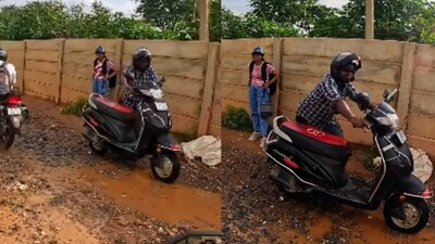 A Rapido passenger stuck on a flooded Bengaluru road was assisted by a biker. (Instagram/leki_goswami01) A Rapido passenger stuck on a flooded Bengaluru road was assisted by a biker. (Instagram/leki_goswami01)
