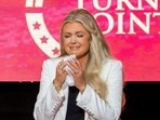 Erika Kirk, chief executive officer of Turning Point USA, during a memorial service for Turning Point USA founder Charlie Kirk.