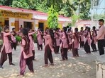Girls participating in Rani Lakshmibai self-defence training. (HT PHOTO) Girls participating in Rani Lakshmibai self-defence training. (HT PHOTO)