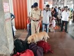 Pune, India - Nov. 1, 2019: Dog squad check the luggage of the passengers at Pune railway station, after RDX was found in an unknown luggage at Delhi airport in Pune, India, on Friday, November 1, 2019. (Photo by Shankar Narayan/HT PHOTO) Pune, India - Nov. 1, 2019: Dog squad check the luggage of the passengers at Pune railway station, after RDX was found in an unknown luggage at Delhi airport in Pune, India, on Friday, November 1, 2019. (Photo by Shankar Narayan/HT PHOTO)