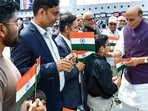 Union Defence Minister Rajnath Singh with Indian diaspora upon his arrival in Casablanca on a 2-day state visit to Morocco, on Sunday.