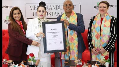 (from left) Honey Chitkara, associate vice-president of school education, Niyati Chitkara, vice-president of school education, Philip Thomas, country head India, WDC, and Vanessa Meister, senior fellow, WDC, during the event on Monday. (HT)