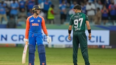 India's Abhishek Sharma talks to Pakistan's Haris Rauf during the Asia Cup cricket match. (AP) India's Abhishek Sharma talks to Pakistan's Haris Rauf during the Asia Cup cricket match. (AP)