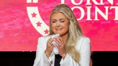 Erika Kirk, chief executive officer of Turning Point USA, during a memorial service for Turning Point USA founder Charlie Kirk. (Bloomberg)